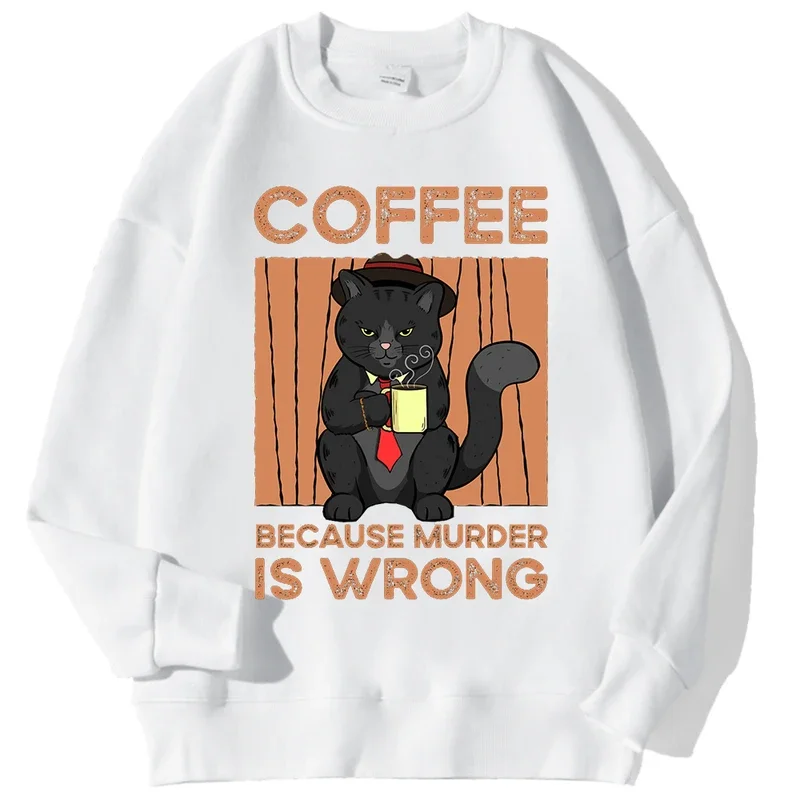 

The Black Cat Crouched On The Ground Drinking Tea Mens Hoody Korean Fleece Sweatshirt Simple Crewneck Hooded Clothes