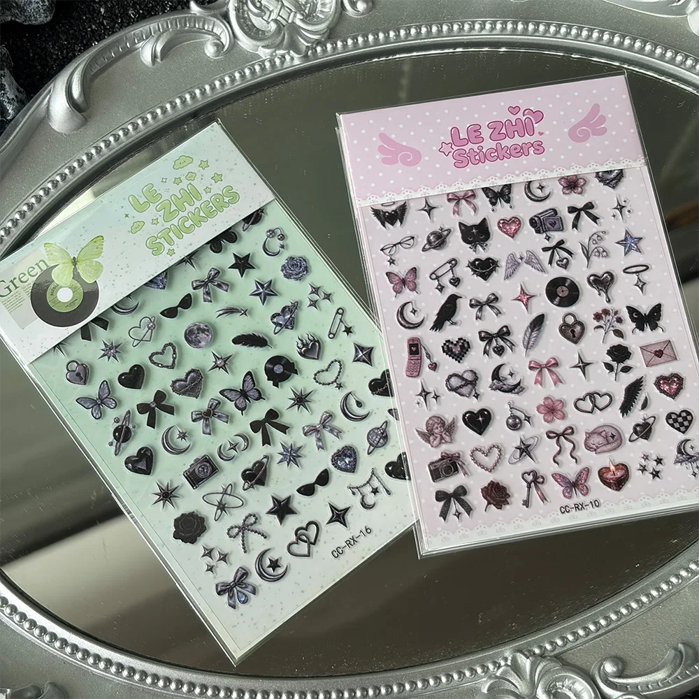 Pink Black Y2K Sticker Set Gothic Heart Bow Butterfly Moon Star Cherry Cartoon Journal Scrapbook DIY Craft Creative Stationery