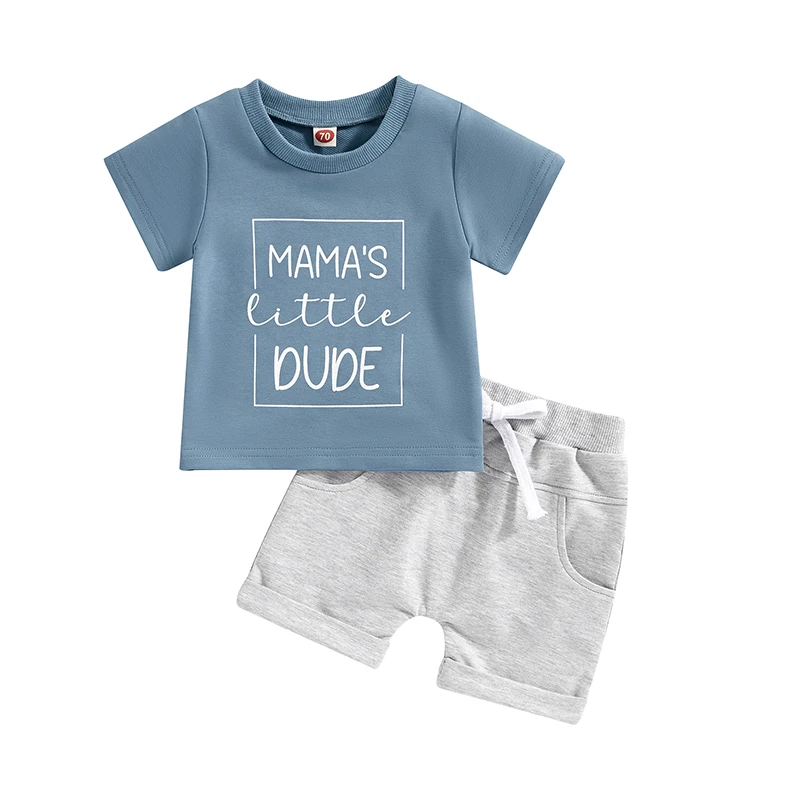 Toddler Boys Summer Outfit Sets Short Sleeve Letter Print T-shirt Solid Color Drawstring Shorts