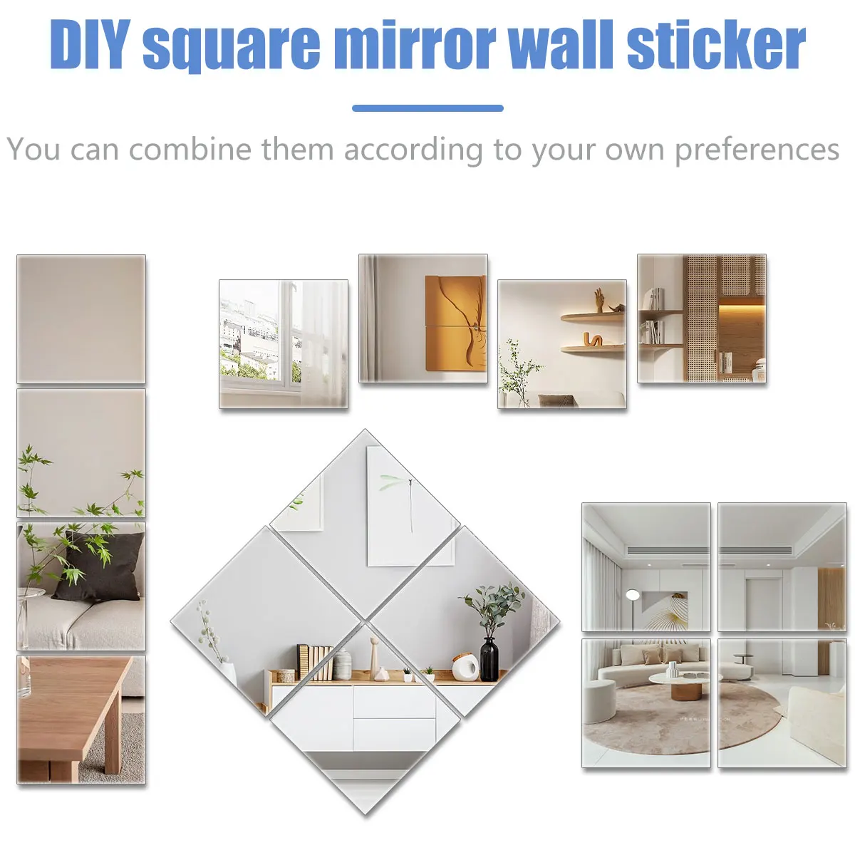 10Pcs Mirror Sheets Self Adhesive Non Glass Mirror 12 x 12 Inch Ultra-thin Flexible Mirror Stickers for Bedroom Closet Bathroom