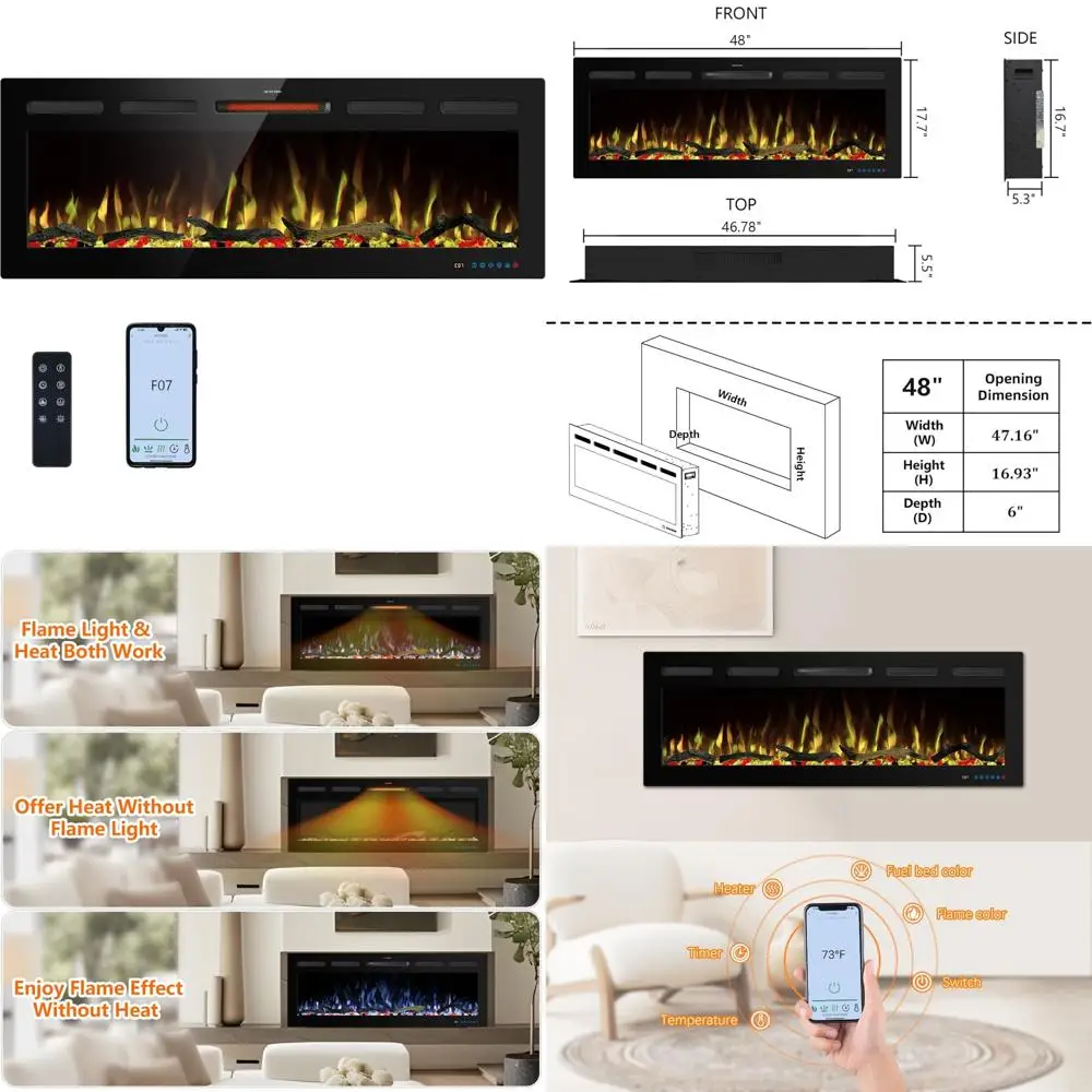 

48-Inch WiFi Electric Fireplace Insert with Recessed and Wall Mount Options, Adjustable Flame Color and Brightness, and Built-In