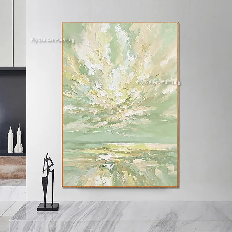 Soft Sage Green Abstract Ocean Landscape Oil Painting Thick Texture Impasto Cloud Reflection Handmade Canvas Art For Room Decor