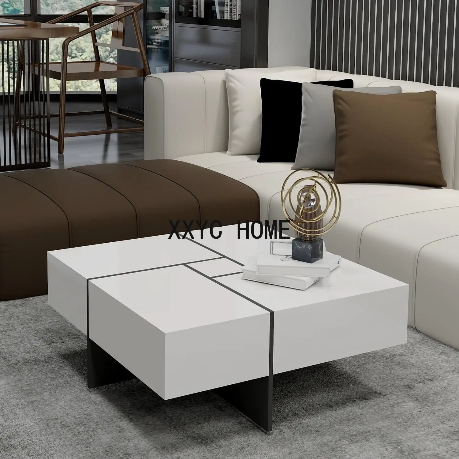 Furnnylane Modern Coffee Table with 4 Drawers,Square Coffee Table with Storage for Living Room,White