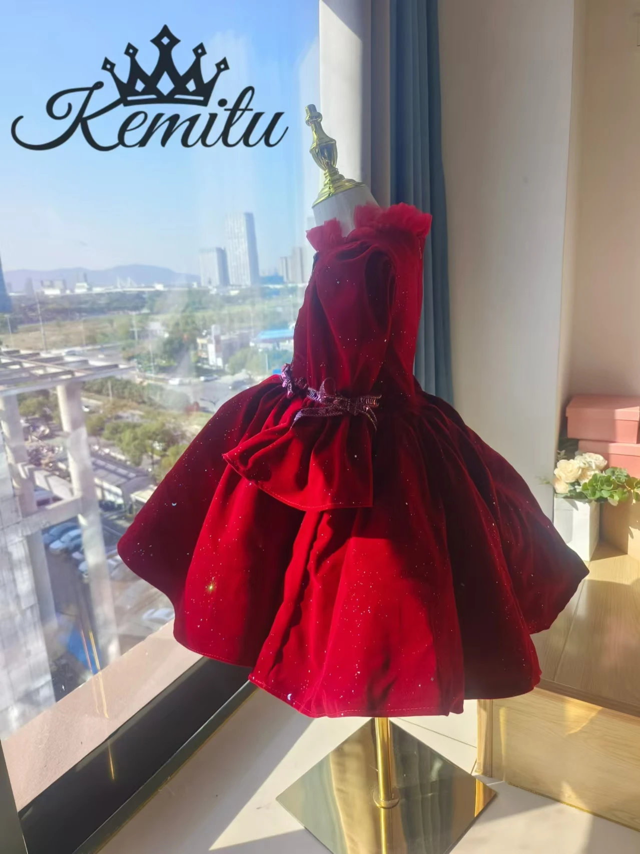 Ano novo veludo flor menina vestido de manga longa para festa de aniversário de natal elegante vestido de princesa