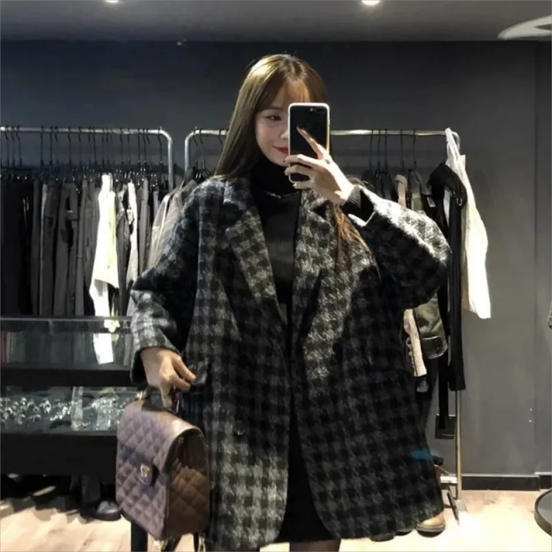 

Autumn Winter New Season Loose Quilted Thickening Warm Houndstooth Mid-length Woolen Coat Woolen Suit Jacket Women JJ413