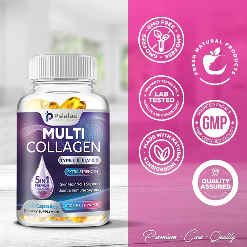 Multiple Collagen Complex - Type I, II, III, V, X and Hydrolyzed Collagen Peptide Supplement, Strengthens Hair, Skin, Joints