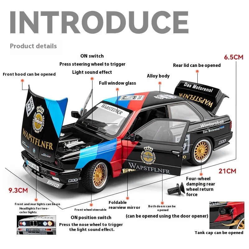 1:24 BMW M3 Racing Latte Art Series Supercar Alloy Diecast Model Car Sound Light Dust Cover Base Gift Boyfriend Children Toy Car