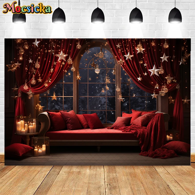 Indoor Christmas Window Background For Child Adult Portrait Holiday Party Photography Glitter Stars Red Curtains Pillow Decor