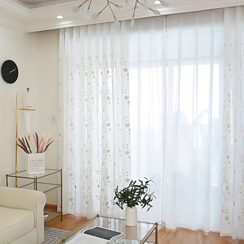 2 Stück durchsichtige Vorhänge mit nordischem Blumenstickerei, Vorhänge für Wohnzimmer, Schlafzimmer, Balkon, moderne Fensterschirme im japanischen Stil