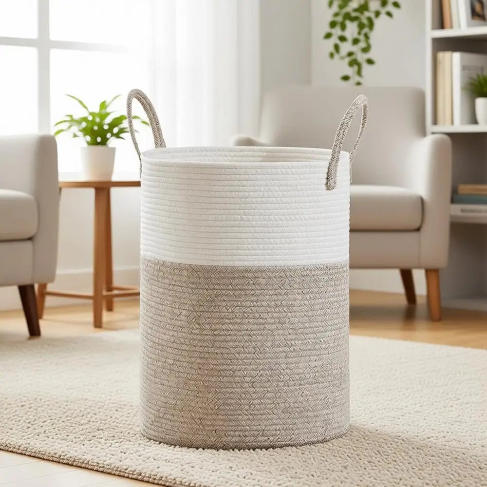 

100L Large Woven Storage Basket for Laundry, Blankets, and Toys in White & Brown