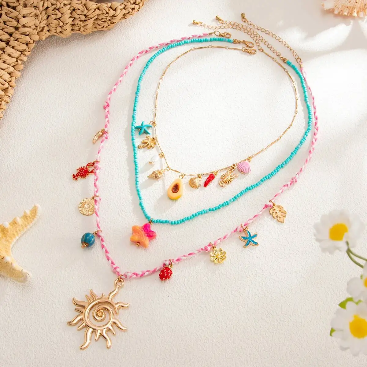 Ingemark 3 Pcs/Set Cute Starfish Conch Crayfish Sun Pendant Necklace for Women Summer Beach Beads Chain Choker Y2K Jewelry Gifts