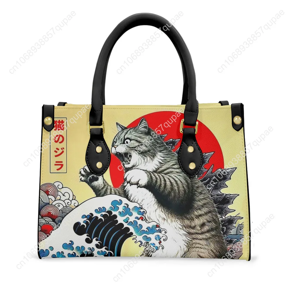 

Catzilla Japanese Art Tote Bag Purse Womens Mens Personalized Text Image PU Leather Handbag Business Shopping Gift Bags