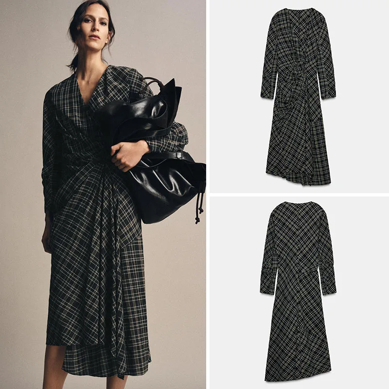 新しい秋のチェック柄長袖-v-ネック不規則なプリーツドレス女性のファッショナブルなエスニックスタイルのステージ衣装-8-25-歳