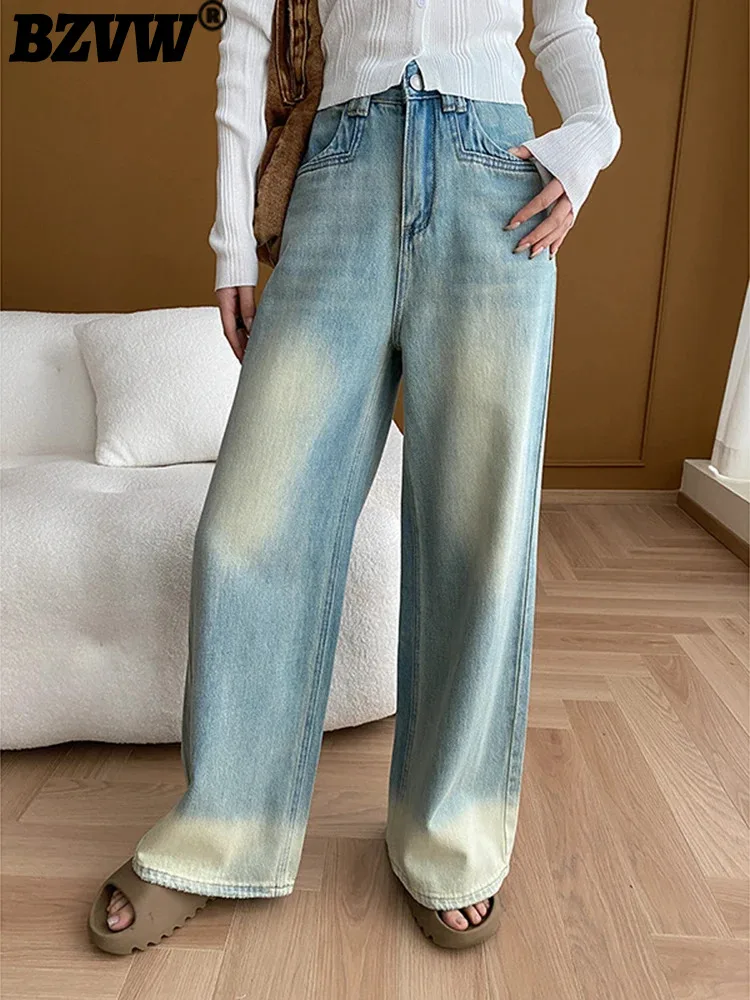 BZVW-Jean Délavé Taille Haute pour Femme, Pantalon en Denim à Jambes Larges et Droites, Streetwear, FJFashion, Nouvelle Collection Automne 2024, 26D9210