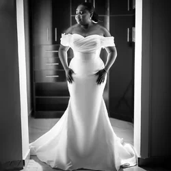 Mermaid Wedding Dress off the Shoulder White Satin Simple  Gowns Long Sleeveless Sweetheart African Bridal Dresses 2023