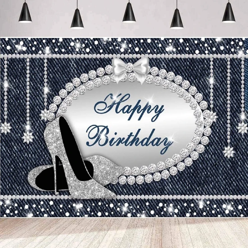 Photography Backdrop For Denim and Diamonds Crystal Shoes Happy Birthday Party Decoration Banner Photo Background Wall Poster