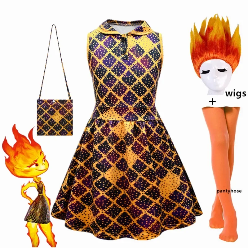 New Movies Elemental Girls Ember Cosplay Costume Summer Wade Short Sleeve T-Shirts Party Vintage Gold Plaid Dresses Flame Wig