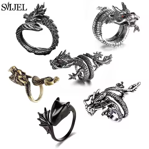 SMJEL Vintage Animal Shape Adjustable Ring Punk Ancient Dragon Rings Thai Silver Boyfriend Jewelry Unique Snake Ring Bijoux 2025