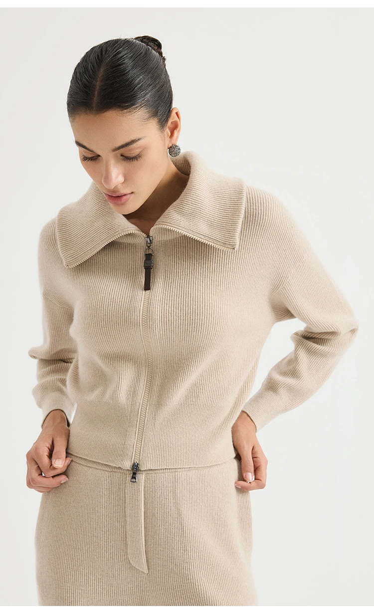 BY4621737 Damen Oversized Revers-Woll-Kaschmir-Mischung Englischer Rippstrick Reißverschluss-Cardigan mit Lederzuglasche Dezente Bürokleidung Herbst – Detail 5
