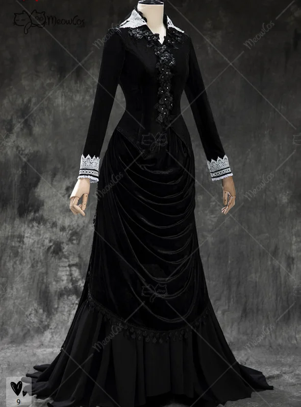 ชุดคอสเพลย์สไตล์โกธิคสีดำสำหรับผู้หญิง MEOWCOS ประกอบด้วยเสื้อแขนยาวและกระโปรงยาวผ้ากำมะหยี่แบบวินเทจ