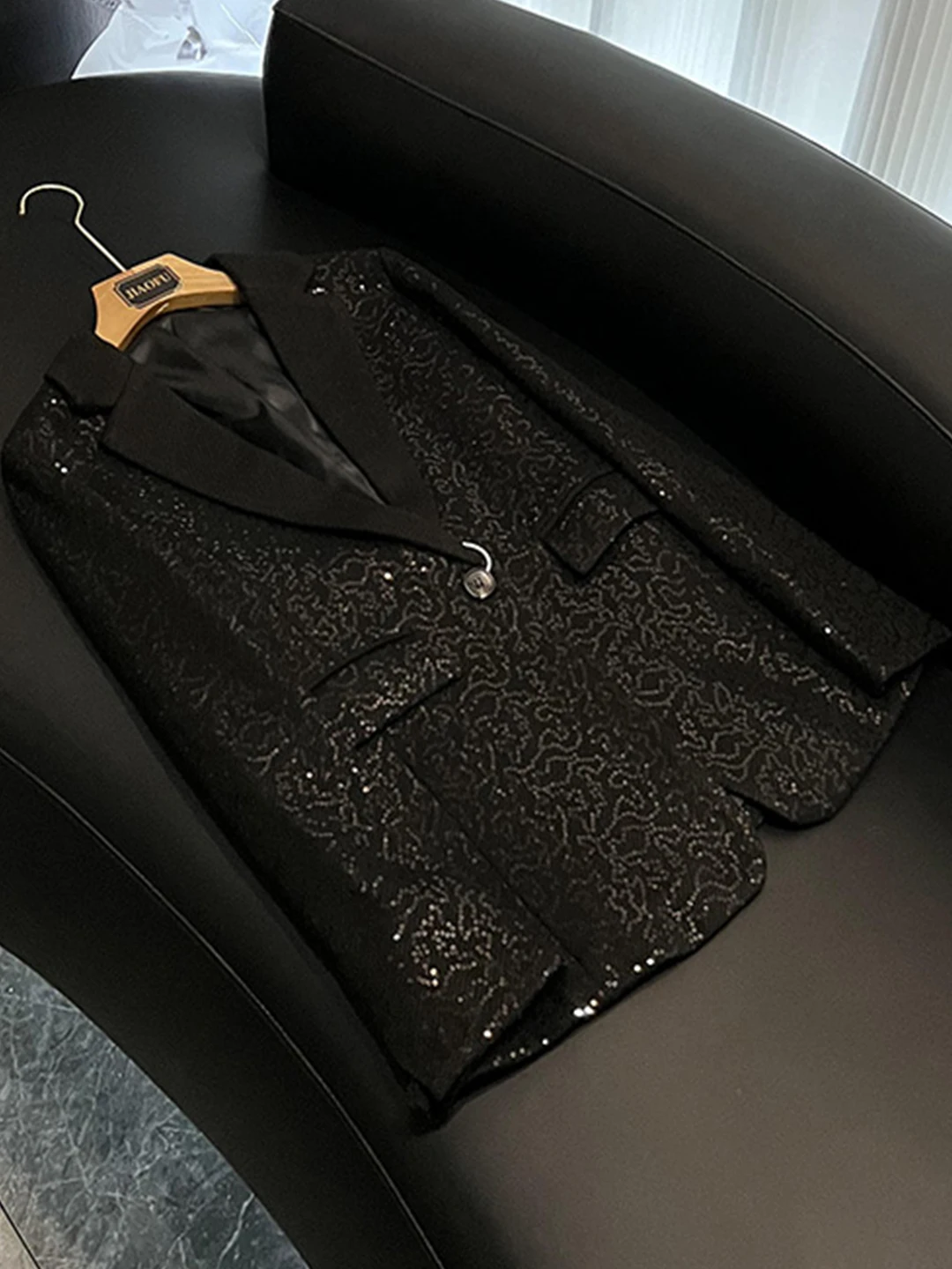 Ele Bla Sequin Long Sve Commute Sle Profional Outerwear Women's Suiting Jaet Stand Fit Commuter Faion