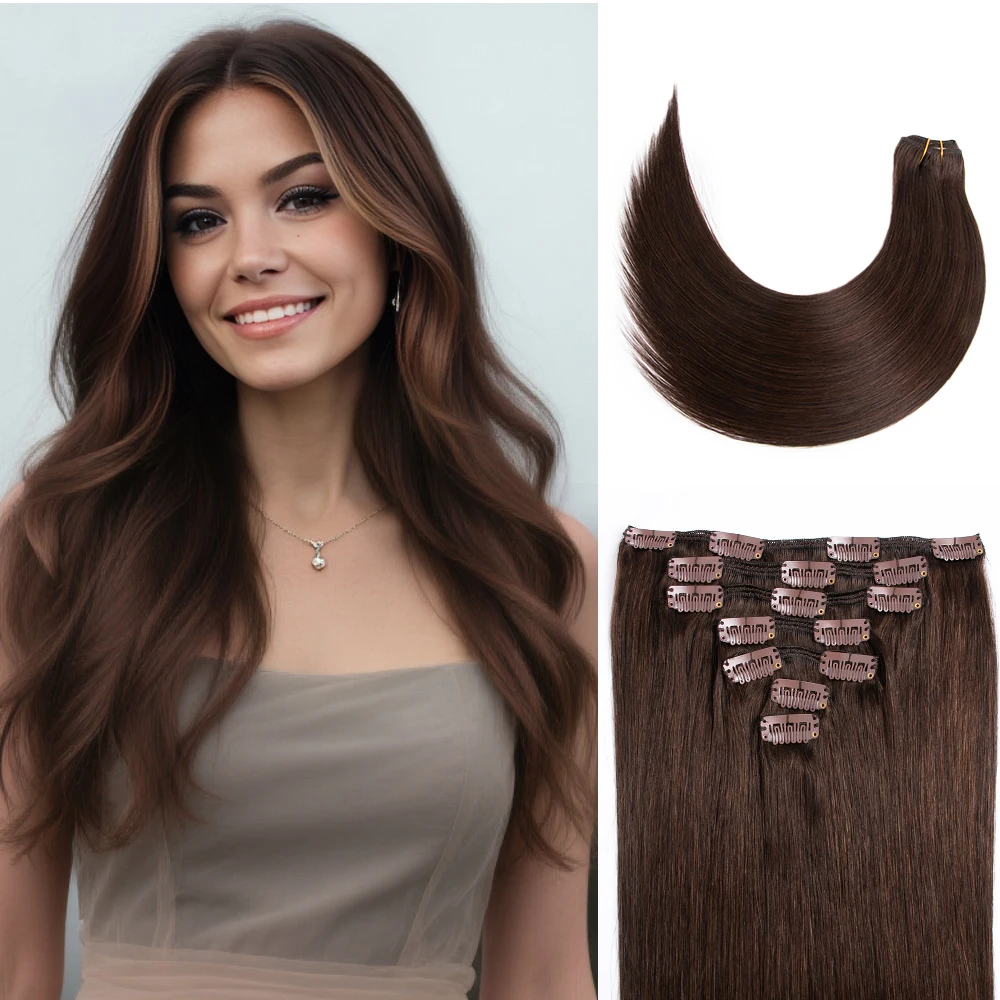 # 2개 인간 모발 클립 인 익스텐션 100% 리얼 헤어 익스텐션 심리스 클립 인 프리미엄 레미 12개월 이상 수명 12-22인치 초콜릿 브라운