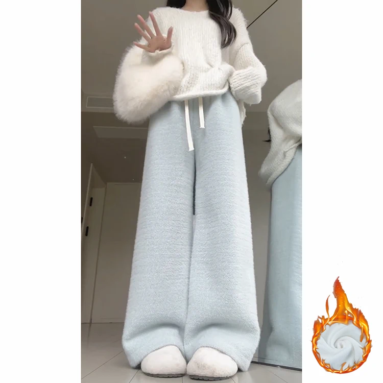 Niebieskie ocieplane spodnie damskie na jesień i zimę, nowe, z futerkiem z norek, z wysokim stanem, proste nogawki, styl casual.