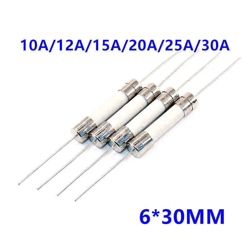 10pcs 6x30mm Fast Blow Tube Ceramic Fuse with Pin 6*30MM 10A 12A 15A 20A 25A 30A 250V Quick Break Fuse Tube