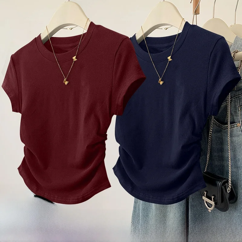 

Women's ort Sve T-irt Elastic Waist Design Summer Faionable Versatile Wearable Breathable Sweatirt Korean Sle