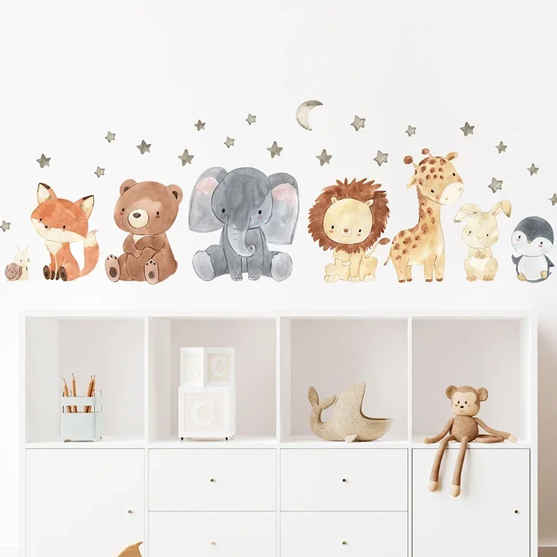 Watercolor Cartoon Cute Africa Animals Wall Stickers Elephant Giraffe Bear Fox Kids Room Wall Decals Decorative Sticker for Wall