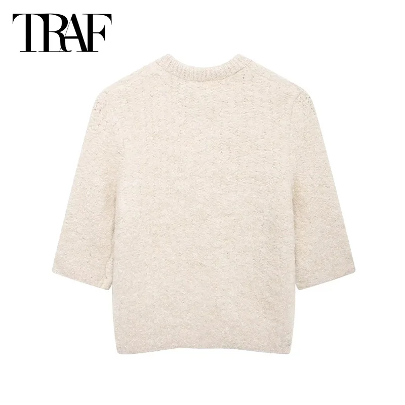 TRAF Cropped Sweater Cardigans 2024 Women's Autumn Short Sleeve Knitted Sweater Top Elegant Butterfly Beige Short Knitwear