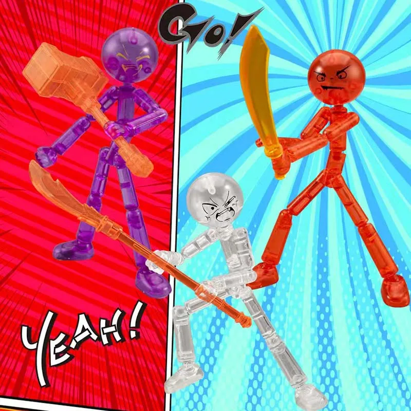 Cute Poseable Stick Man Figure Building Kit Articulated Action Figure with Weapons and Movable Limbs Assembly Toys for  Teens