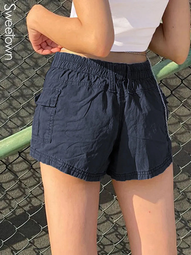 Sweetown Low Waist Stitch Y2K Mini Shorts Women Pockets Cargo Style Streetwear Short Woven Pants Casual Vacation Summer Outfits