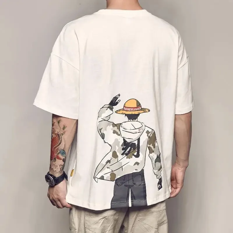 

YI01 Cotton Day cartoon Luffy printed short sleeve T-shirt MEN'S summer casual loose T-shirt trend student base topJk8*@