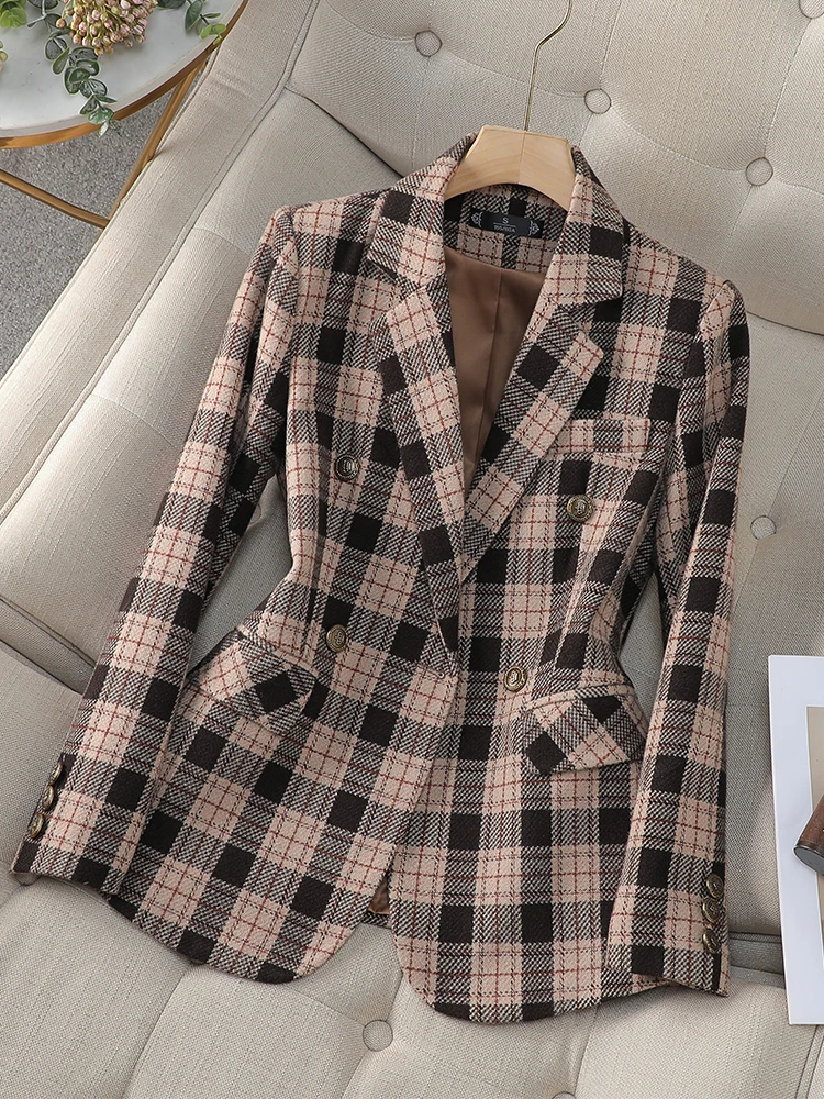 Green Coffee Plaid Women Blazer Ladies Long Sleeve Female Slim Casual Jacket For Autumn Winter