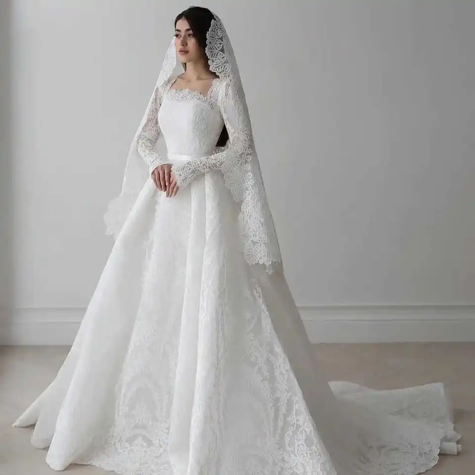 Vintage A Line Women Wedding Dress Square Neck Long Sleeves Bridal Gowns Lace Detachable Train Dress Custom Made vestidos