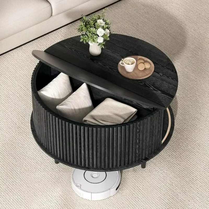 B6 CZ-23  31.5" Round Coffee Table With Storage | Black, Hidden, Modern, Solid Wood, Holds 110 Lbs