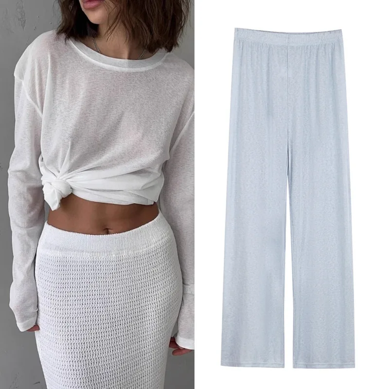 

Snowflake Pattern T-shirt Pants Women Eur American Summer Thin Meat Through O-neck Long Sleeve Loose Bottoming Shirt Pants New