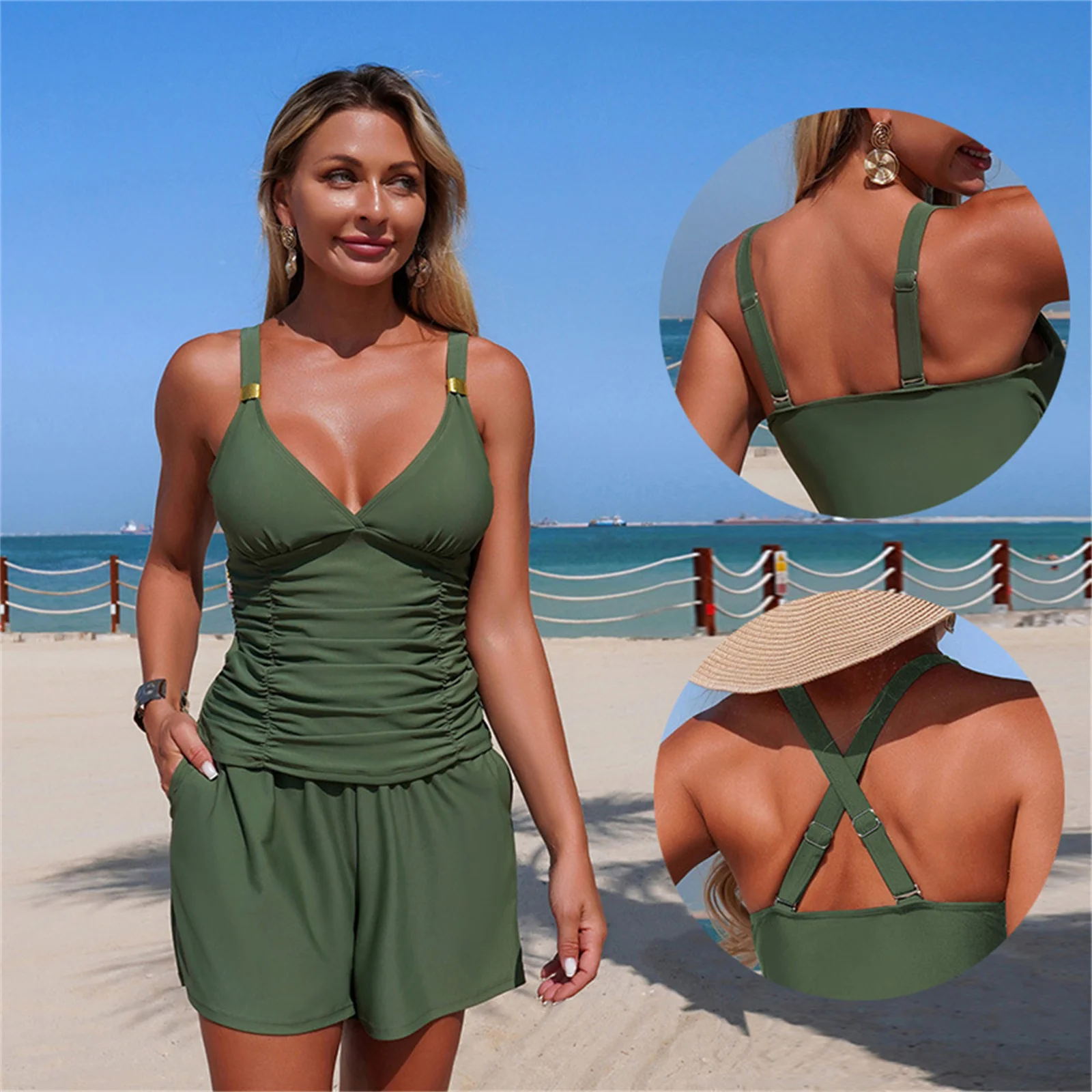 

Ruched Tankini Set Summer Solid Crisscross Back Pocketed Swimwear Two Piece Beach Slimming Elegant Bathing Suit