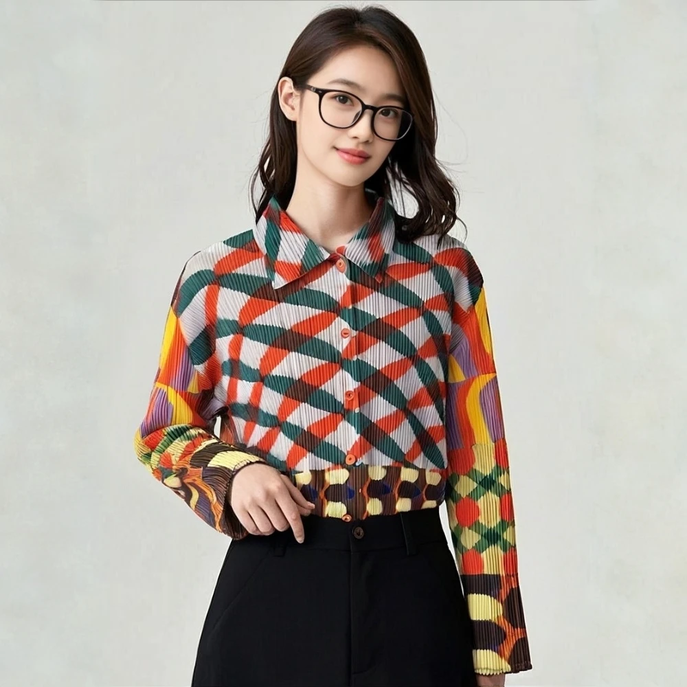 

Miyake Pleated New Niche Design Geometric Contrasting Print Lapel Long Sleeved Shirt Temperament Casual Simple Versatile Top
