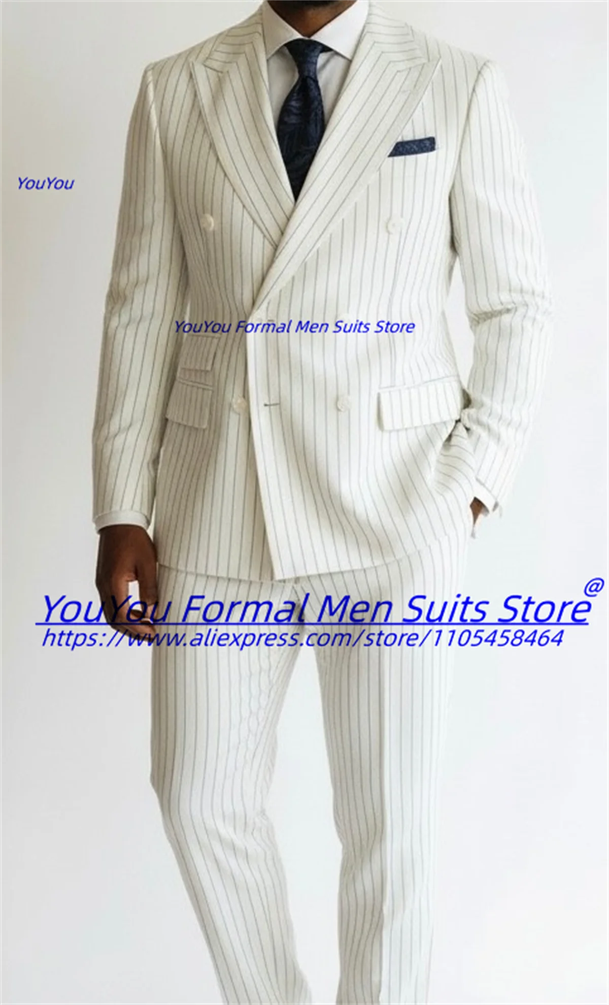 

Business White Stripe Men Suits Customized Slim Fit Double Breasted Groom Wedding Tuxedos2Pcs Sets Male Prom Blazers Ropa Hombre