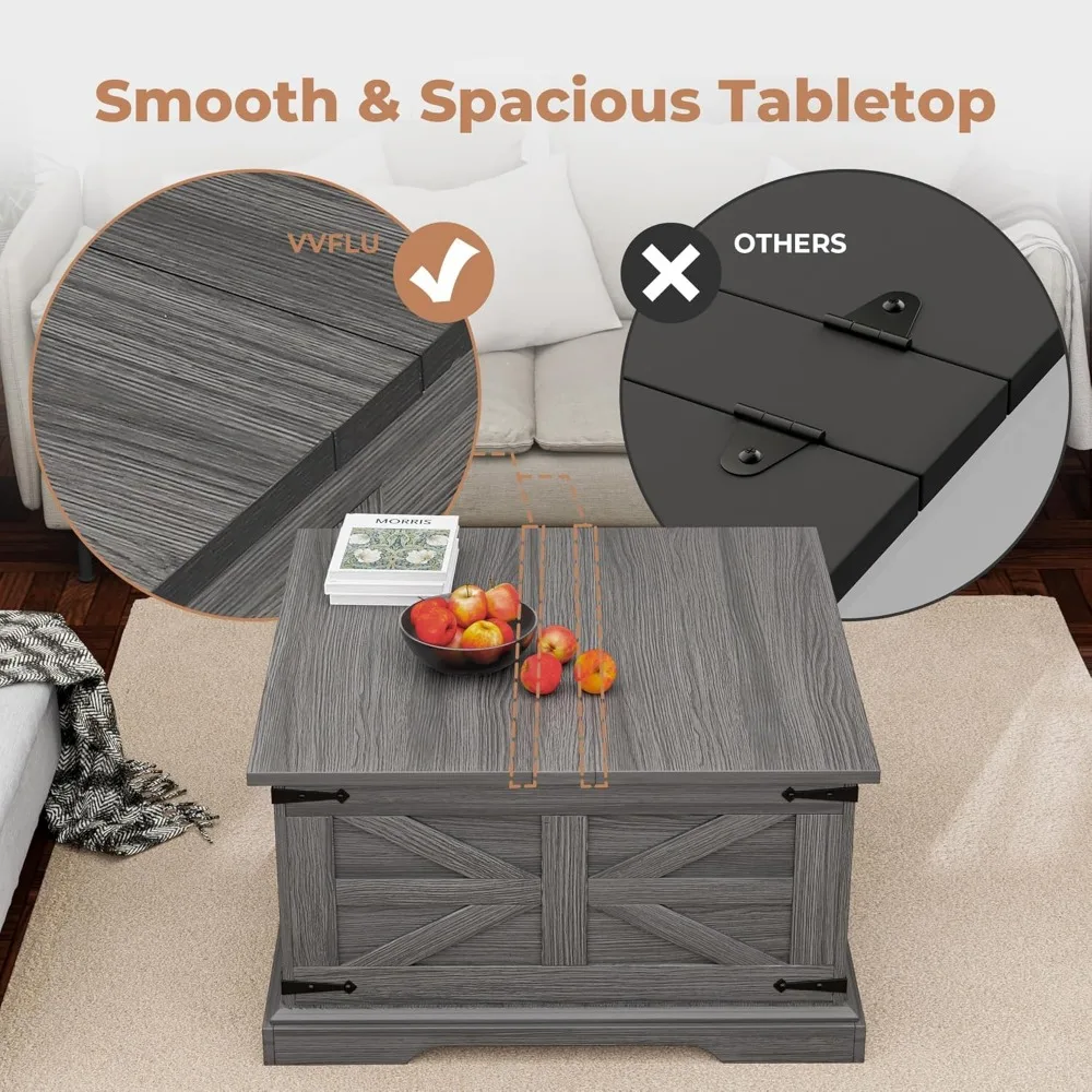 Rustic Farmhouse Coffee Table with Lift Top Storage, Large Square Wood Center Table for Living Room, Soft Close Mechanism