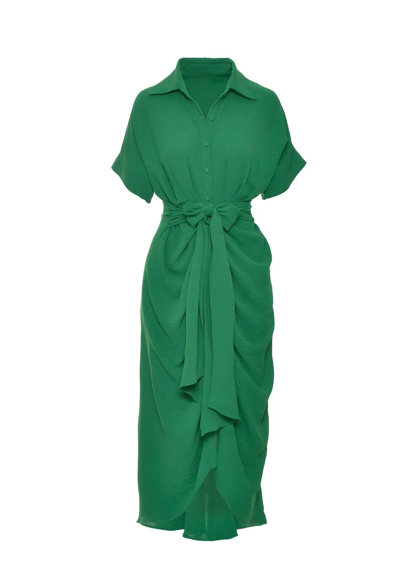 فستان قميص بخصر مرتفع، فستان صيفي طويل أنيق للنساء، برقبة على شكل V وزر واحد وأكمام قصيرة، بتصميم عادي على شكل حرف H