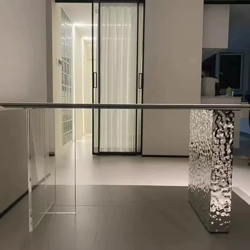 Italian Minimalist Acrylic Stainless Steel Water Ripple Suspended Rectangular Rock Slab Dining Table for Small Apartment