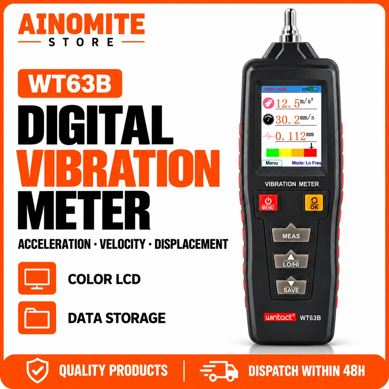 Handheld Vibration Meter 0.01-199.9mm/s, Digital Vibration Analyzer with Acceleration Velocity Displacement, Piezoelectric Test