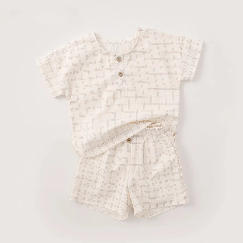 Summer Baby Set Cotton Short Sleeve Sets Comfort Home Wear Outfits Grid Two Piece Toddler Clothes Boys Girls 6-24 Months