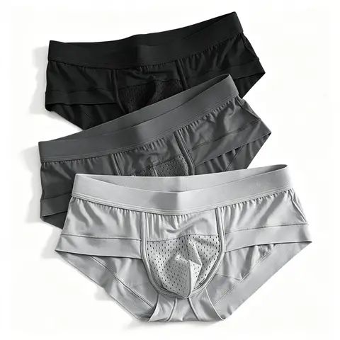 Stretchy Men Mesh Patchwork Breathable Solid Colors Briefs Low Rise Elastic Comfortable Sexy Quick Dry Soft Underwear Daily Male