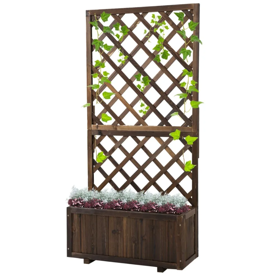 

Wooden Raised Garden Bed with Trellis Planter Box Drain Holes for Climbing Vine Plants Brown