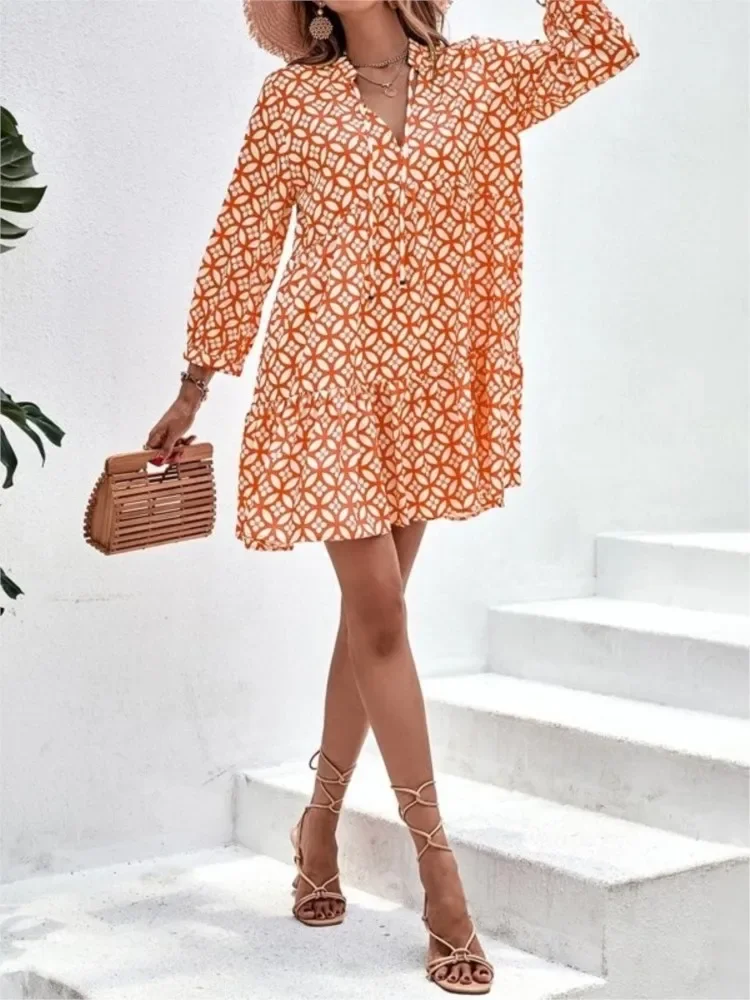 Moda estiva nuova stampa abito Boho sexy stile spiaggia temperamento corto scollo a V lunghezza al ginocchio abito da festa elegante femminile