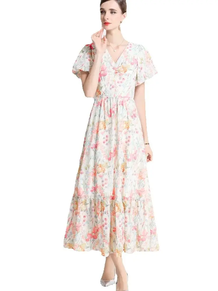 

Elegant Printed V-Neck Bubble Short Sleeved Slim Fit Dress 2025 Summer New Fashionable Women'S Clothing